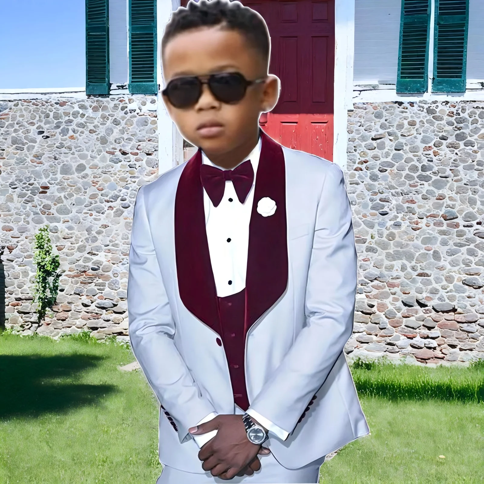 White Boy Suits For Wedding Burgundy Velvet Shawl Lapel Flower Boys Kid Wear 2 Pieces Slim Flit Prom Party Blazer 2-16 years old 
White Boy Suits For Wedding Burgundy Velvet Shawl Lapel Flower Boys Kid Wear 2 Pieces Slim Flit Prom Party Blazer 2-16 years old