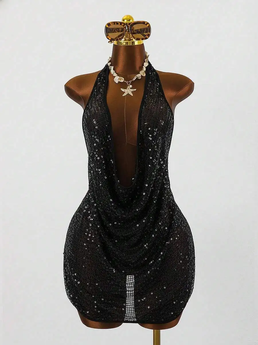 Womens Sequin Halter Deep V Neck Backless Mini Dress Sparkly Beach Cover Up
Womens Sequin Halter Deep V Neck Backless Mini Dress Sparkly Beach Cover Up