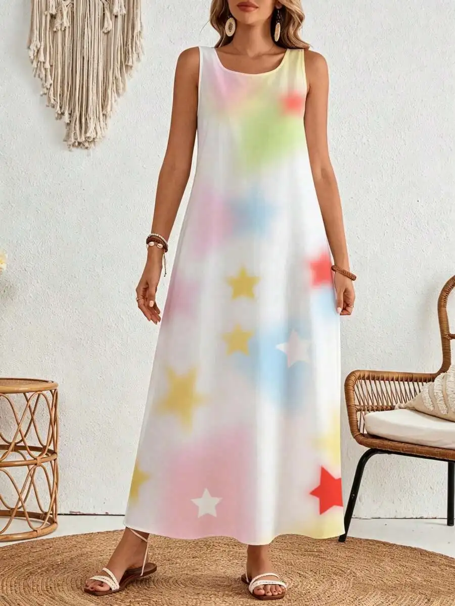 Sleeveless Maxi Dress Pastel Star Print Summer Beach Vacation Wear
Sleeveless Maxi Dress Pastel Star Print Summer Beach Vacation Wear