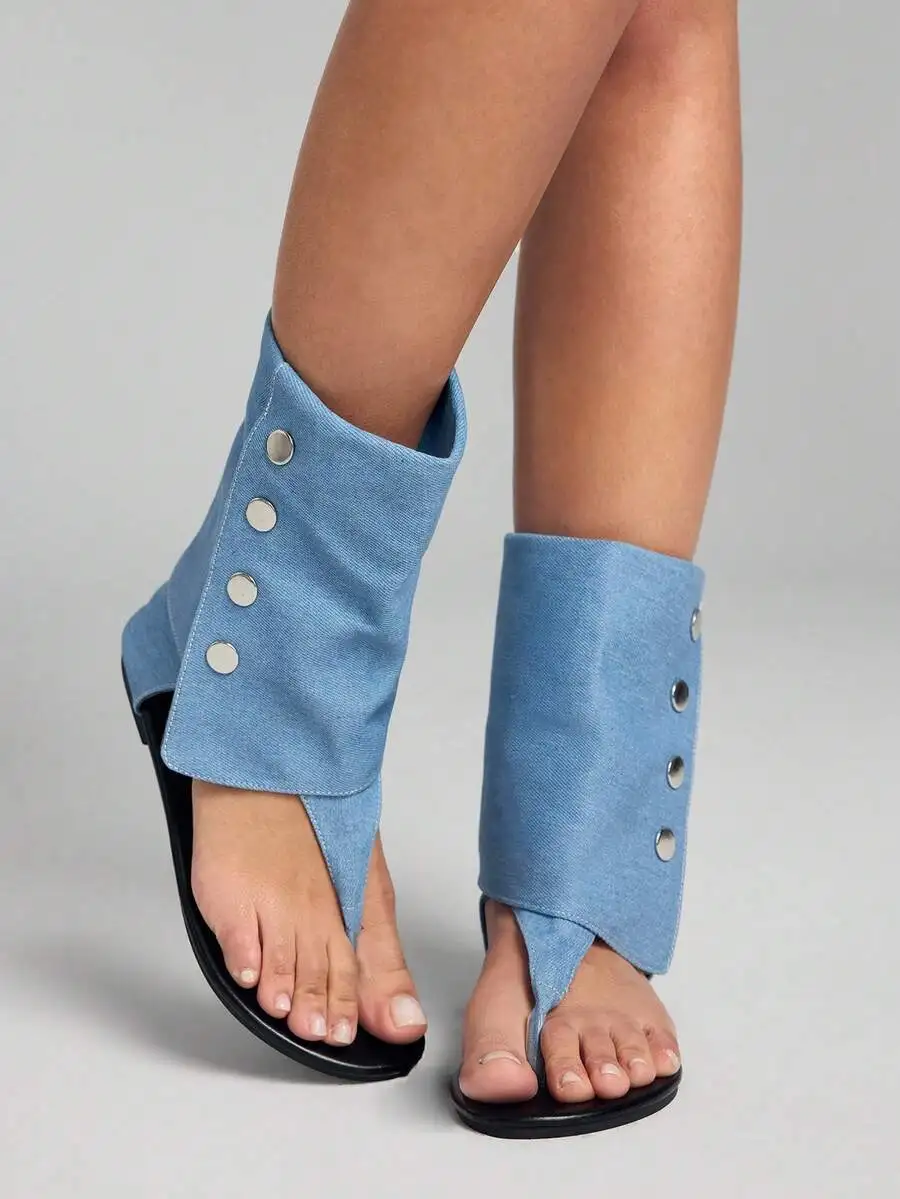 Grunge Punk Women Flat Sandals With Denim Ankle Wrap And Button Detail
Grunge Punk Women Flat Sandals With Denim Ankle Wrap And Button Detail