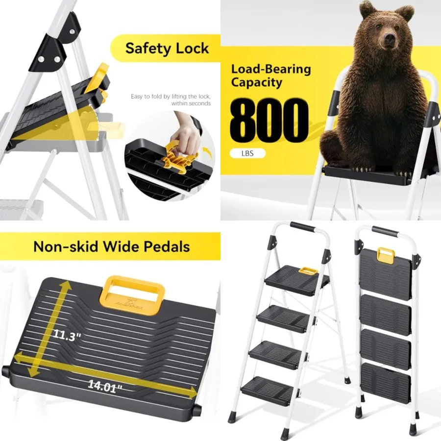 4 Step Folding Ladder, 800lbs Capacity Step Stool with Safety Lock, Non-Skid Wide Pedals, and Handrail, Lightweight, Household
4 Step Folding Ladder, 800lbs Capacity Step Stool with Safety Lock, Non-Skid Wide Pedals, and Handrail, Lightweight, Household