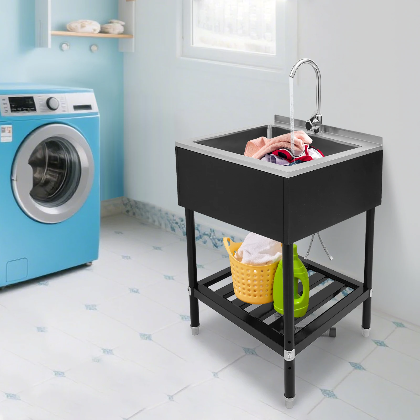 Large Single Bowl Laundry Sink 63.5*56*87cm Stainless Steel Commercial Utility Sink with Faucet & Heavy Duty Stand
Large Single Bowl Laundry Sink 63.5*56*87cm Stainless Steel Commercial Utility Sink with Faucet & Heavy Duty Stand