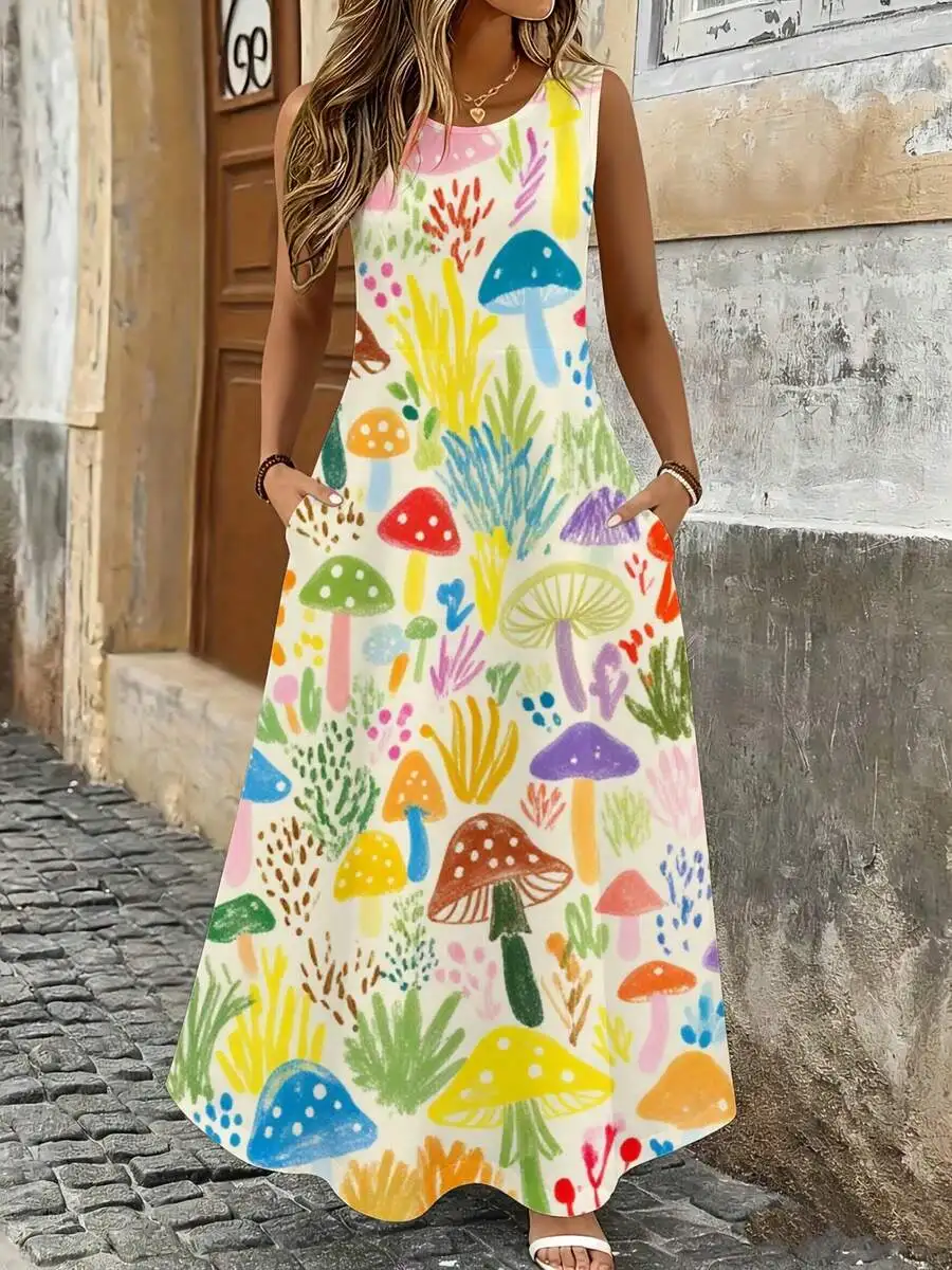 Sleeveless Maxi Dress Cream Mushroom Plant Print Summer Beach Vacation Dress
Sleeveless Maxi Dress Cream Mushroom Plant Print Summer Beach Vacation Dress