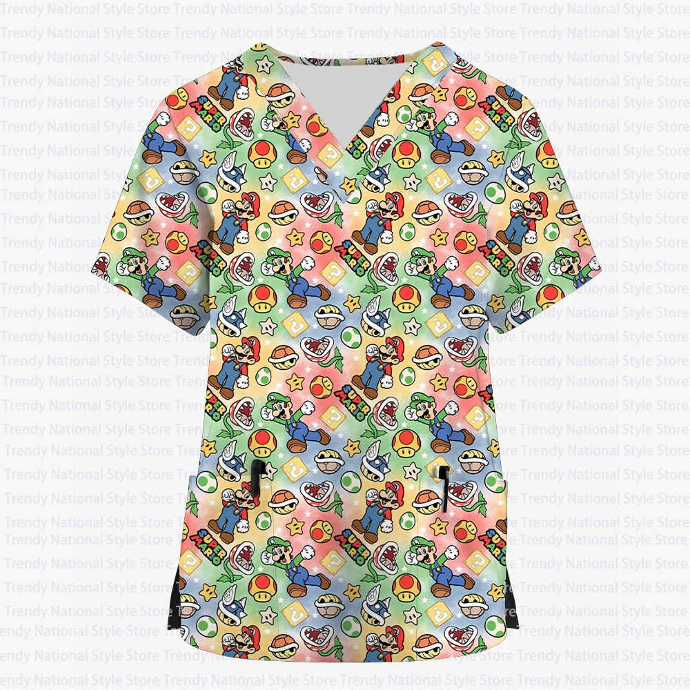 Ladies New Summer Beauty Salon Dental Pet Shop Tops Super Mario Cartoon V-neck Pocket Short Sleeve T-shirt Casual Commuter Tops
Ladies New Summer Beauty Salon Dental Pet Shop Tops Super Mario Cartoon V-neck Pocket Short Sleeve T-shirt Casual Commuter Tops