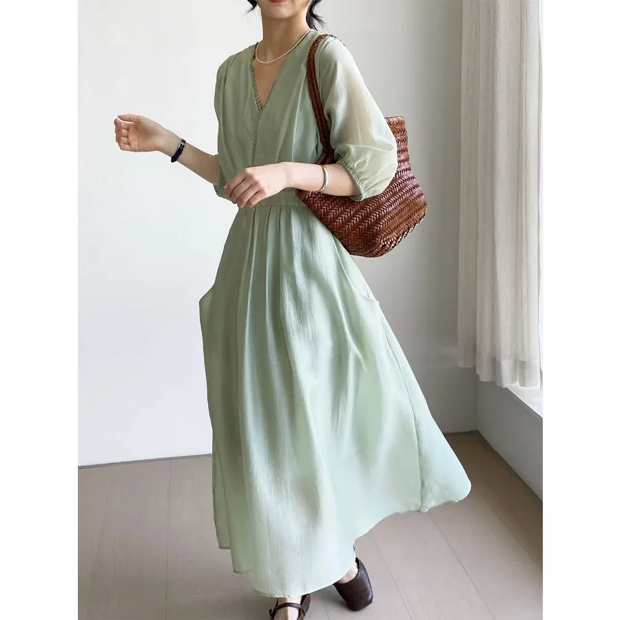 【New style】Jasmine green tea Korean V-neck lace lace waist waist green pearl loose dress women 6083
【New style】Jasmine green tea Korean V-neck lace lace waist waist green pearl loose dress women 6083