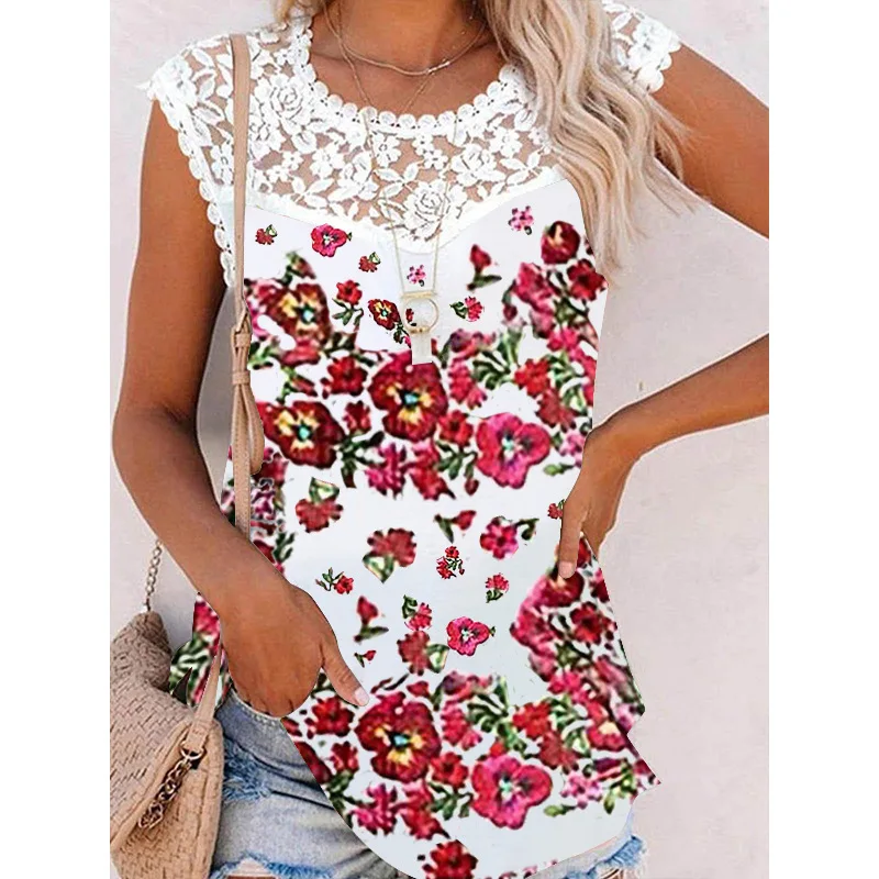 Summer New Floral Print Round Neck Lace Edge Casual Loose Women's Vest Fashion Commuter All-match Bottoming Shirt Lady
Summer New Floral Print Round Neck Lace Edge Casual Loose Women's Vest Fashion Commuter All-match Bottoming Shirt Lady