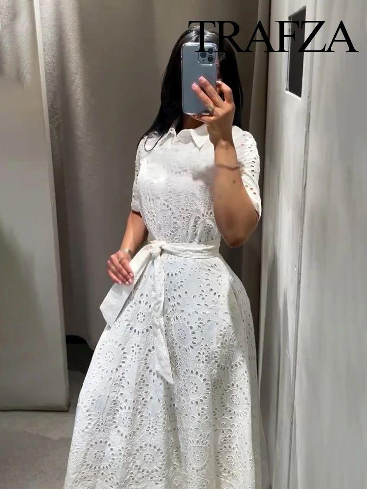 TRAFZA Women Fashion Summer White Single-Breasted Turn Down Collar Short Sleeve Long Dress Women's Bow Lace-Up Hollow Out Dress
TRAFZA Women Fashion Summer White Single-Breasted Turn Down Collar Short Sleeve Long Dress Women's Bow Lace-Up Hollow Out Dress