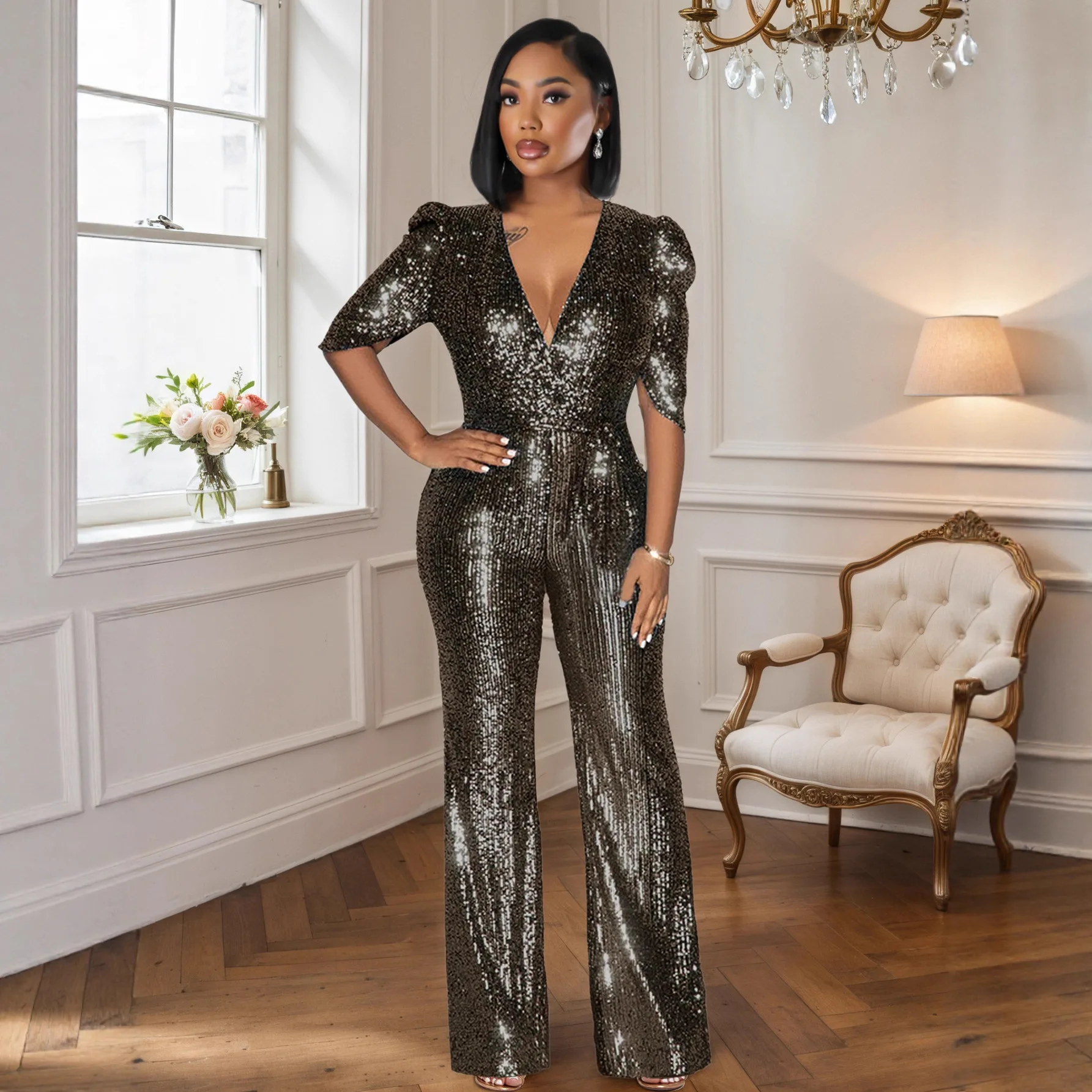 Women's New Sexy Fashion V neck Half Sleeve Sequin Jumpsuit Slim Fit Figure Flattering Comfortable Casual Party Elegant Outfit
Women's New Sexy Fashion V neck Half Sleeve Sequin Jumpsuit Slim Fit Figure Flattering Comfortable Casual Party Elegant Outfit