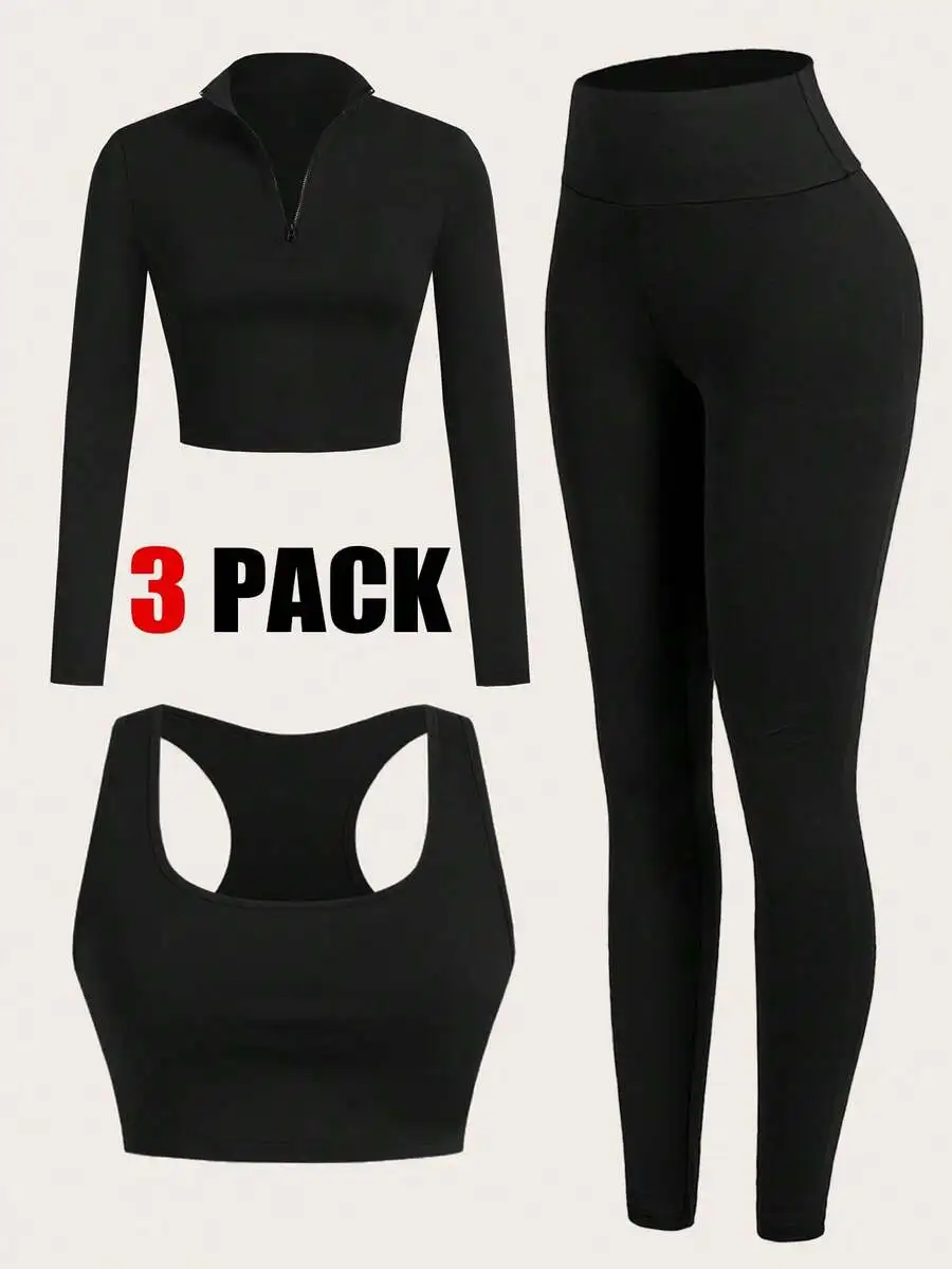 Womens 3 Piece Workout Set: Zipper Long Sleeve Top, Sports Bra, High Waist Leggings
Womens 3 Piece Workout Set: Zipper Long Sleeve Top, Sports Bra, High Waist Leggings