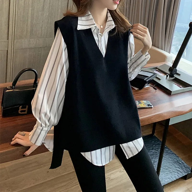 Two Piece Sets Women Sweater Turn Down Collar Shirts Striped Print Full Sleeve Blouses Pullover Knitted Solid Vest Set Elegant
Two Piece Sets Women Sweater Turn Down Collar Shirts Striped Print Full Sleeve Blouses Pullover Knitted Solid Vest Set Elegant