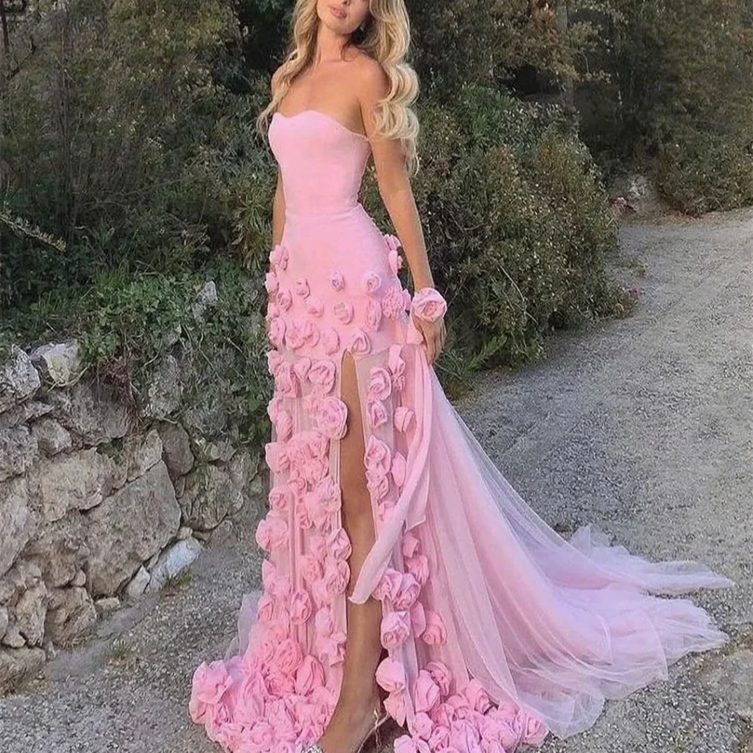 Customized pink mermaid charming ball gown 3D flower sleeveless women's formal evening dress with side slit
Customized pink mermaid charming ball gown 3D flower sleeveless women's formal evening dress with side slit