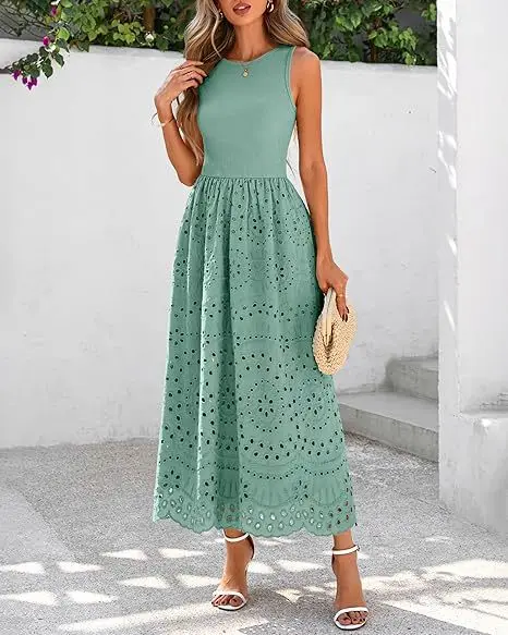 Summer New Vacation Casual Women's Long Skirt Fashionable Solid Color Hollow Lace Splicing Sleeveless Waist Cinched A-line Dress
Summer New Vacation Casual Women's Long Skirt Fashionable Solid Color Hollow Lace Splicing Sleeveless Waist Cinched A-line Dress
