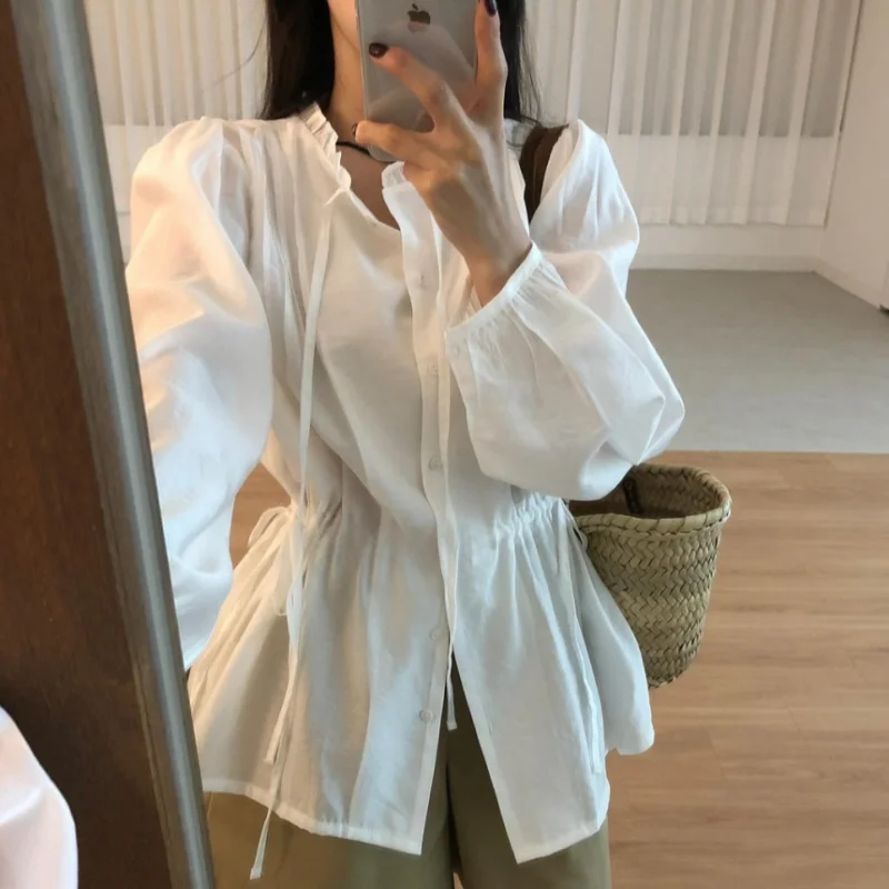 Korean Style Long Sleeve Shirt Drawstring Waist Bubble Sleeve Translucent Design Sun Protection Women's Fashion Spring Autumn
Korean Style Long Sleeve Shirt Drawstring Waist Bubble Sleeve Translucent Design Sun Protection Women's Fashion Spring Autumn