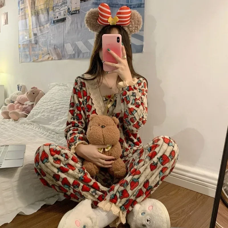 Sleepwear Women Long Sleeve Pajama Sets Long Pants Kawaii Clothing Print Lace Flannel Autumn Winter Nightwear Warm Homewear Sets
Sleepwear Women Long Sleeve Pajama Sets Long Pants Kawaii Clothing Print Lace Flannel Autumn Winter Nightwear Warm Homewear Sets