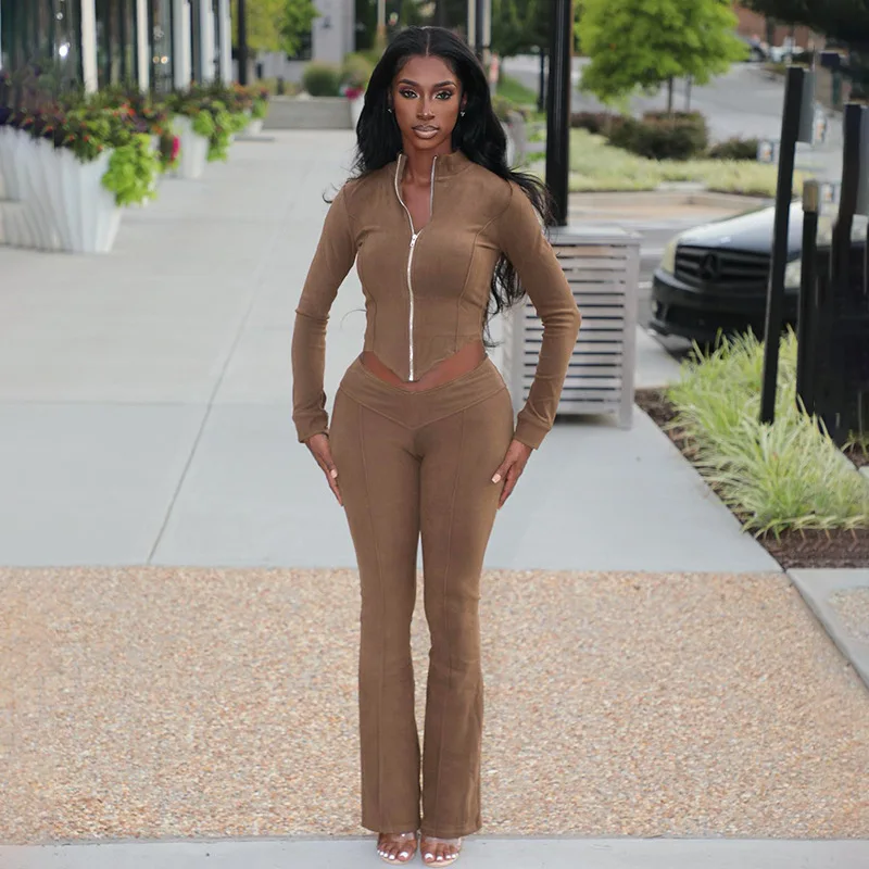 Women's Irregular Split Suits, Zipper, V-Waist, Tight Fitting Top, Micro Flared Pants, Female Fashion, 2-Piece Set, Autumn
Women's Irregular Split Suits, Zipper, V-Waist, Tight Fitting Top, Micro Flared Pants, Female Fashion, 2-Piece Set, Autumn
