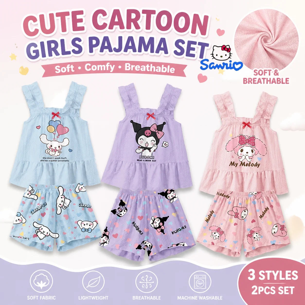 Sanrio Kids 2PCS Pajama Set Girls Summer Sleeveless Sleepwear Cartoon Cute Kuromi Loungewear Bow Top Shorts Soft Fabric Skin
Sanrio Kids 2PCS Pajama Set Girls Summer Sleeveless Sleepwear Cartoon Cute Kuromi Loungewear Bow Top Shorts Soft Fabric Skin