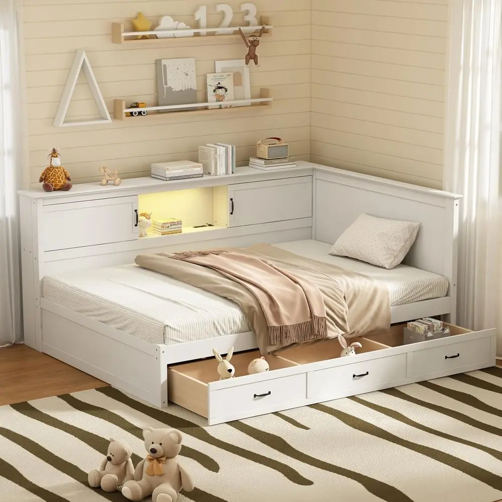 Двуспальная кровать-софа с ящиками для хранения, книжным шкафом, USB-зарядкой, светодиодной подсветкой, белая
Двуспальная кровать-софа с ящиками для хранения, книжным шкафом, USB-зарядкой, светодиодной подсветкой, белая