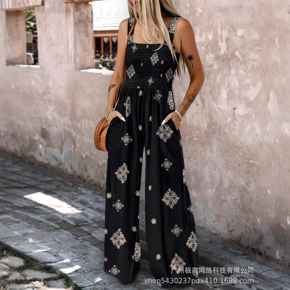 Women Embroidery Patchwork Thick Strap Square Neck Shirred Jumpsuit Wide Leg Vacation Overalls with Pockets
Women Embroidery Patchwork Thick Strap Square Neck Shirred Jumpsuit Wide Leg Vacation Overalls with Pockets