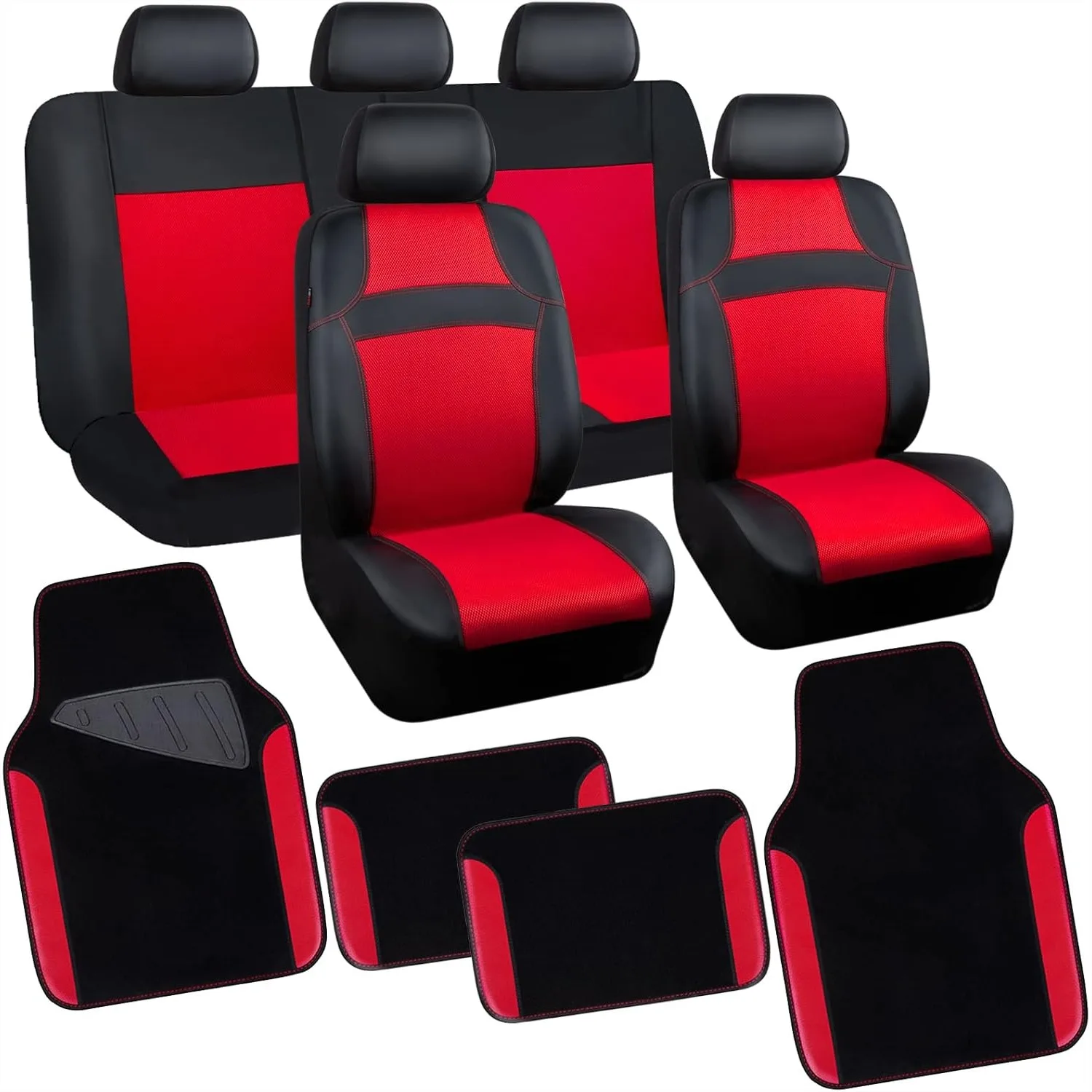 Car Seat Cover Full Sets with Waterproof Floor Mats, 3D Air Mesh Leather, Universal Fit Airbag Compatible, Black & Red
Car Seat Cover Full Sets with Waterproof Floor Mats, 3D Air Mesh Leather, Universal Fit Airbag Compatible, Black & Red
