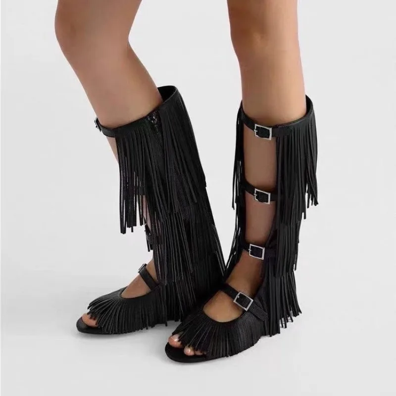 Summer New Round Toe Open Toe Metal Button Soft Flats Tassel Flat Mid-Slide Cooling Boots
Summer New Round Toe Open Toe Metal Button Soft Flats Tassel Flat Mid-Slide Cooling Boots