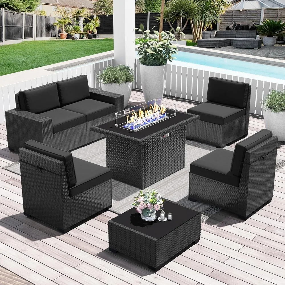 7 pieces outdoor patio furniture set with 44 "fire pit table rattan combination sofa set, super comfortable cushion, Blake
7 pieces outdoor patio furniture set with 44 "fire pit table rattan combination sofa set, super comfortable cushion, Blake