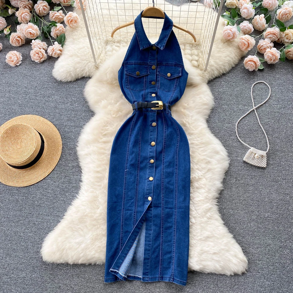 Sexy Backless A-Line Denim Dress Women's Belted Waist Slimming Bodycon Single Button Neck Hanging High Waist Korean Style Com...
Sexy Backless A-Line Denim Dress Women's Belted Waist Slimming Bodycon Single Button Neck Hanging High Waist Korean Style Com...