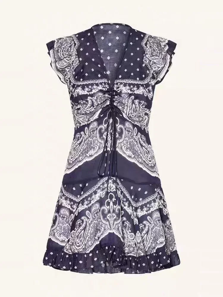 Ethnic Style Women Ruffles Shirring Mini Dress V-Neck High Waist 2025 Summer Female Retro Printed Short Robe
Ethnic Style Women Ruffles Shirring Mini Dress V-Neck High Waist 2025 Summer Female Retro Printed Short Robe