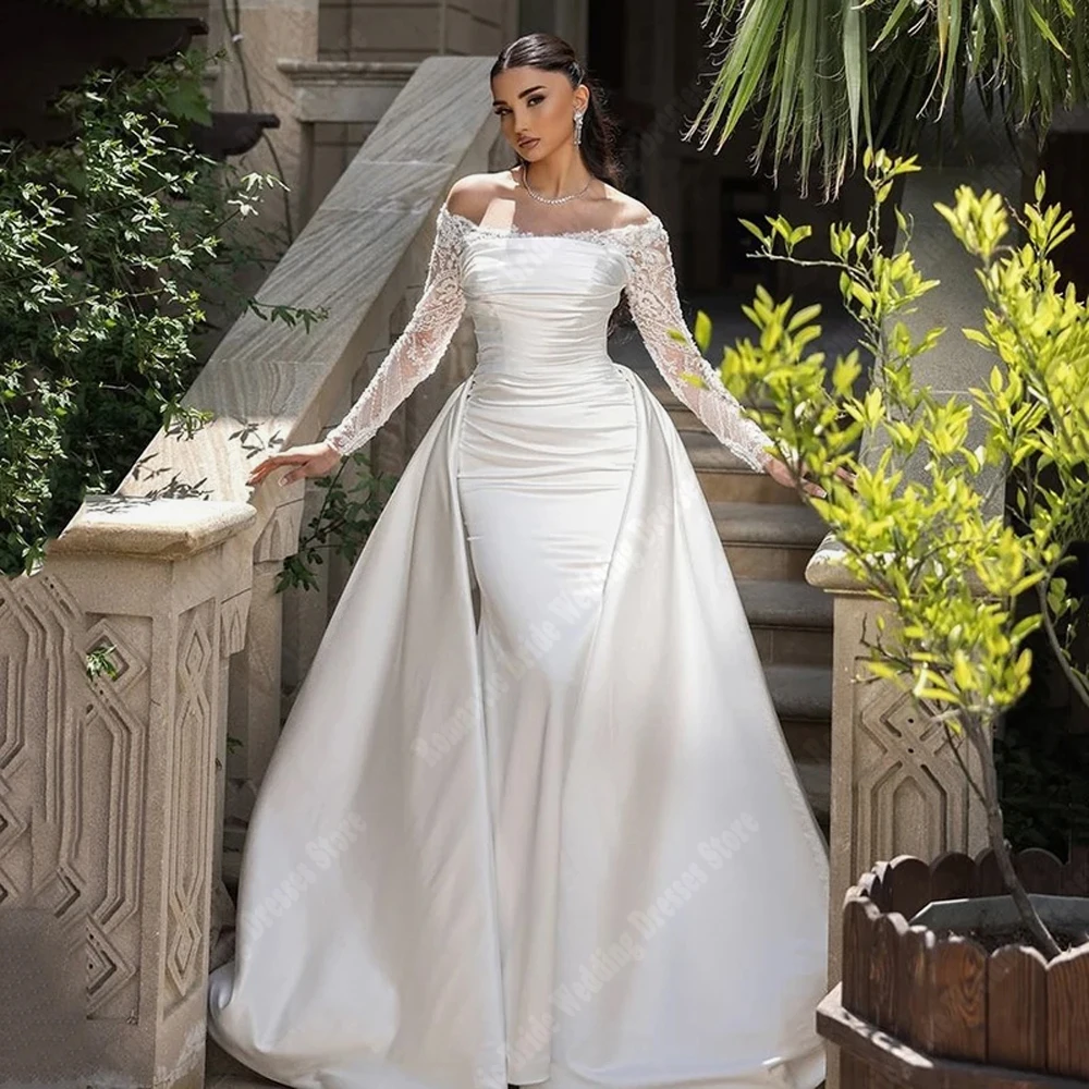 Bohemia Satin Women Wedding Dresses Pretty Lace Long Sleeves Bridal Gowns Mopping Length Robes With Detachable Tail Customized
Bohemia Satin Women Wedding Dresses Pretty Lace Long Sleeves Bridal Gowns Mopping Length Robes With Detachable Tail Customized
