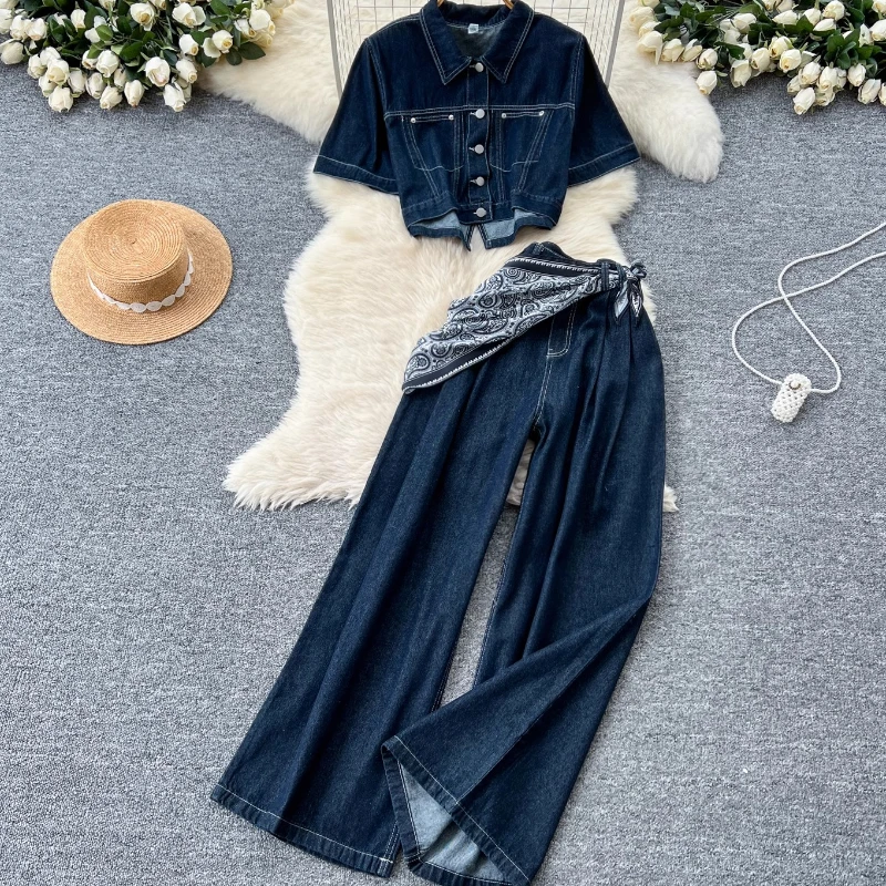New Summer Women Denim Pant Set Matching Color Short-sleeved Denim Tops+High-waist Casual Jeans Paired with Scarves Suits Korean 
New Summer Women Denim Pant Set Matching Color Short-sleeved Denim Tops+High-waist Casual Jeans Paired with Scarves Suits Korean