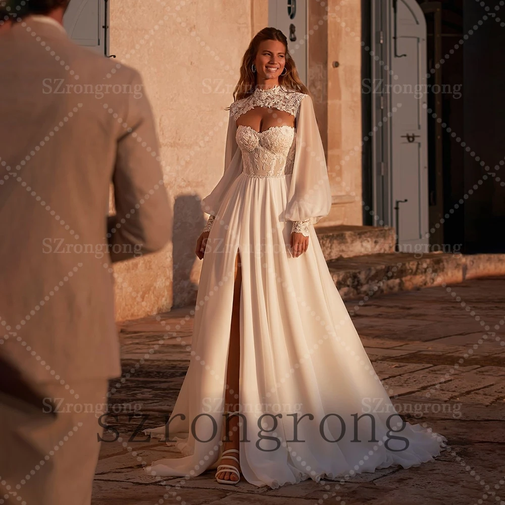 Custom Made Bohemaid Sweetheart Collar Tulle Wedding Dress Lace Open Back Jackets Floor Length Side Slit Bridal Dress with Court
Custom Made Bohemaid Sweetheart Collar Tulle Wedding Dress Lace Open Back Jackets Floor Length Side Slit Bridal Dress with Court