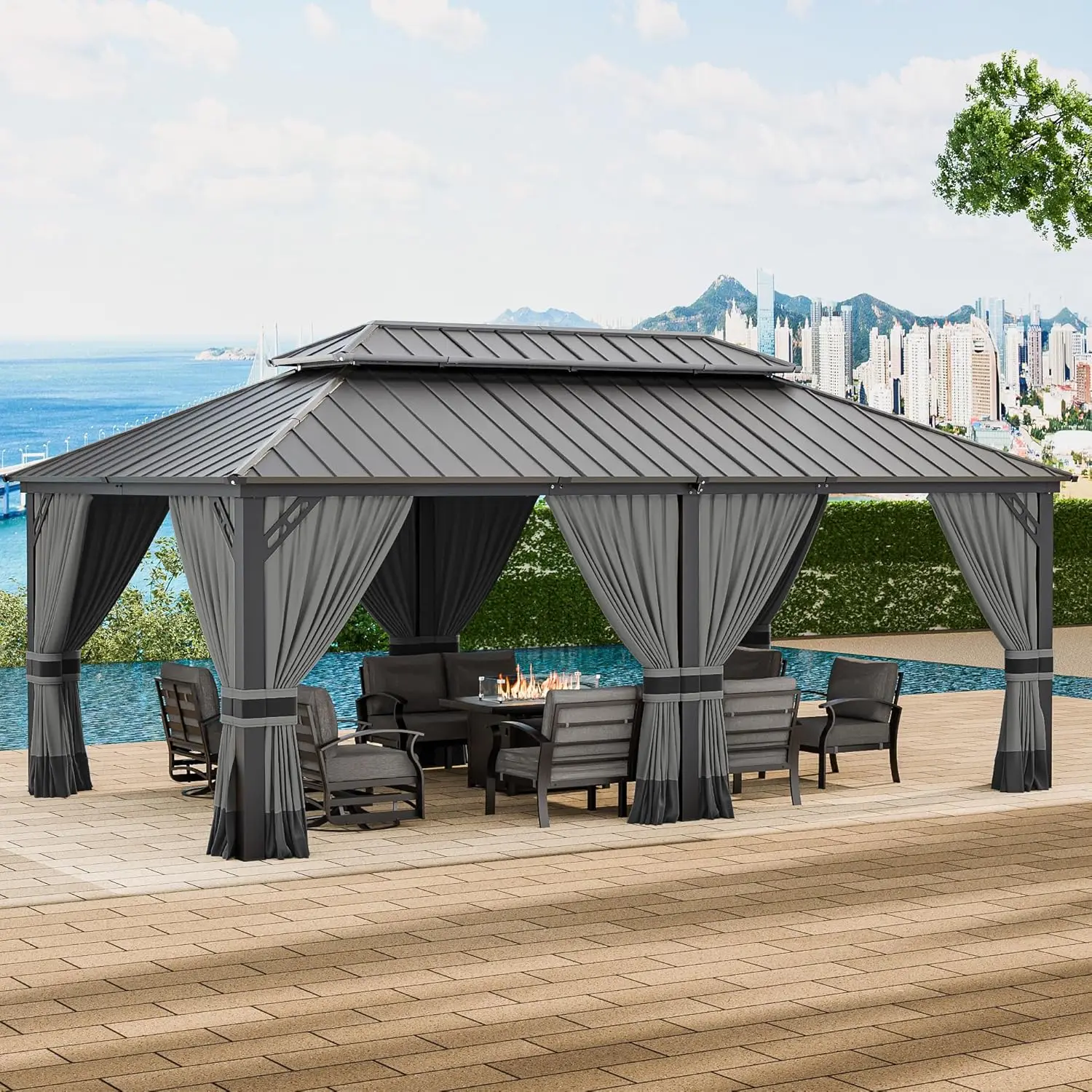 12' x 20' Hardtop Gazebo,Outdoor Aluminum Frame Permanent Pavilion Double Galvanized Steel Roof Pergola with Nettings, Custom
12' x 20' Hardtop Gazebo,Outdoor Aluminum Frame Permanent Pavilion Double Galvanized Steel Roof Pergola with Nettings, Custom