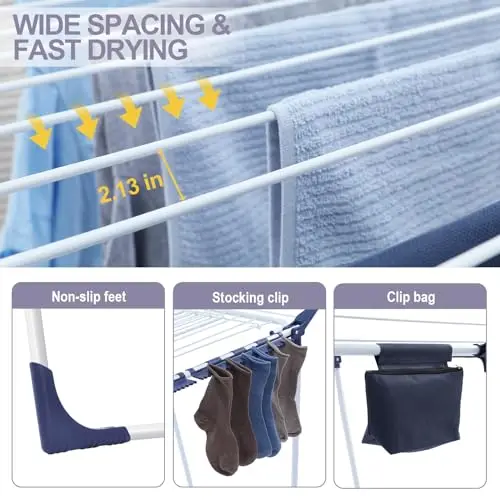 Winged Foldable Laundry Drying Rack With Wide 2.13 Inch Spacing, Non-Slip Feet, Sock Clips And Clip Bag For Towels Clothes
Winged Foldable Laundry Drying Rack With Wide 2.13 Inch Spacing, Non-Slip Feet, Sock Clips And Clip Bag For Towels Clothes