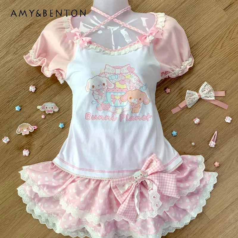 2025 Summer Original Design New Pink Lace-up Women's T-shirt White Sweet Cartoon Cake Skirt Hot Girl Cute Slim Skirt Suit Ladies
2025 Summer Original Design New Pink Lace-up Women's T-shirt White Sweet Cartoon Cake Skirt Hot Girl Cute Slim Skirt Suit Ladies