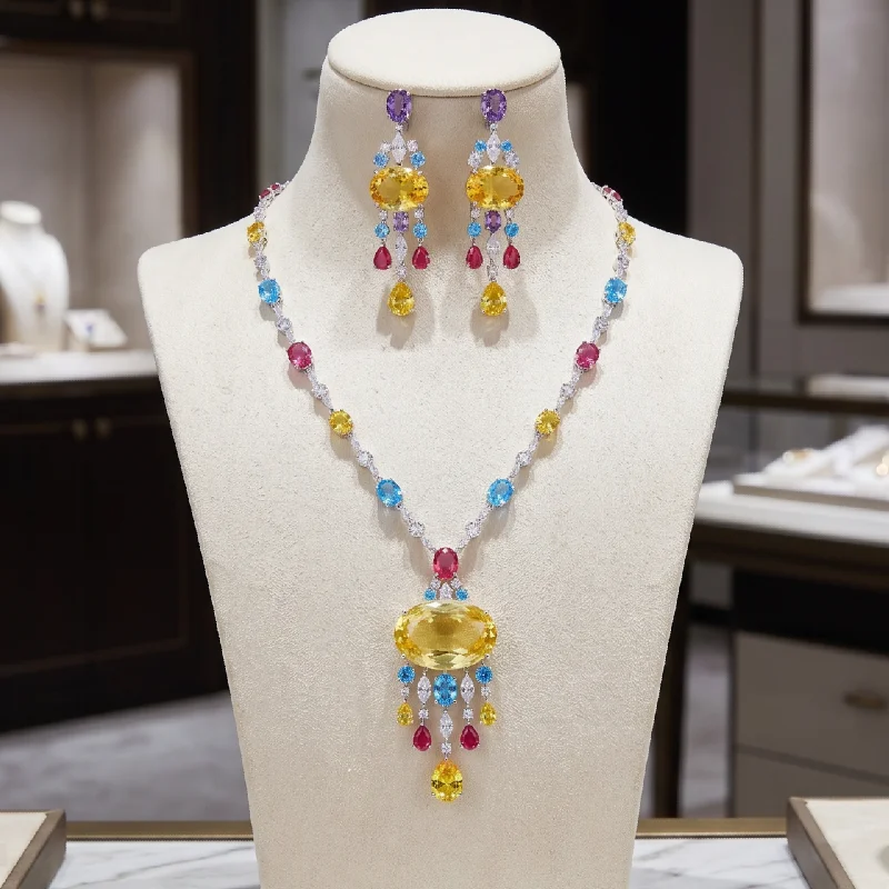 Europe America Style Earrings Necklace Women Lady Inlay Yellow Oval Cubic Zircon Tassels Pendant Gift Party Jewelry Sets
Europe America Style Earrings Necklace Women Lady Inlay Yellow Oval Cubic Zircon Tassels Pendant Gift Party Jewelry Sets