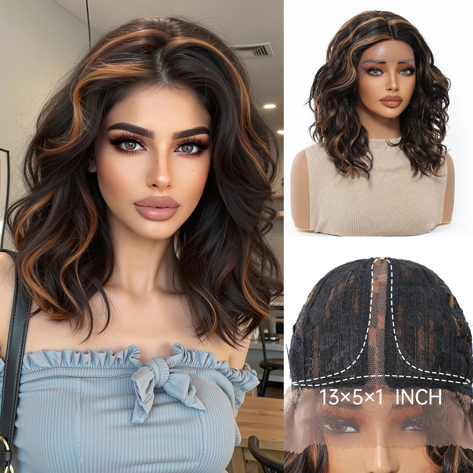 Short Wavy Lace Front Synthetic Hair Wigs Black Brown Highlights Natural Lace Wig Heat Resistant Cosplay Wig for Women Use
Short Wavy Lace Front Synthetic Hair Wigs Black Brown Highlights Natural Lace Wig Heat Resistant Cosplay Wig for Women Use