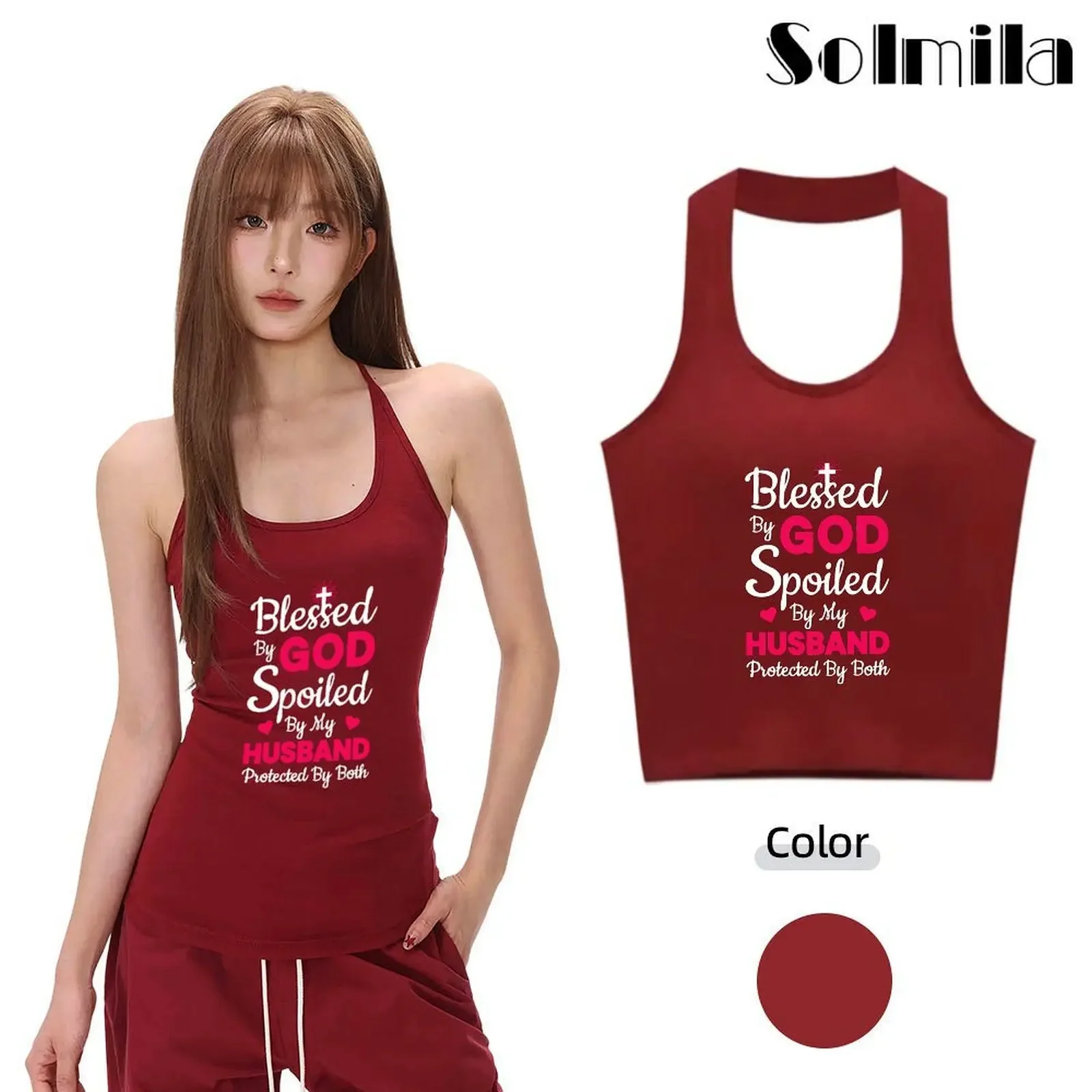 Women's Colorful Letter Print Summer Claret Sleeveless Halter Vests Fashion Casual Breathable Comfortable Tops Daily Wear 2025
Women's Colorful Letter Print Summer Claret Sleeveless Halter Vests Fashion Casual Breathable Comfortable Tops Daily Wear 2025