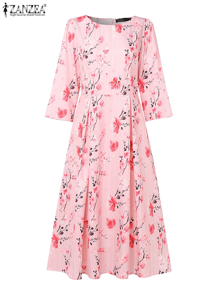 Elegant High Waist Dress Women Floral Printed Sundress Fashion 3/4 Sleeve O Neck Vestidos Casual A-Line Midi Robe ZANZEA 2025 
Elegant High Waist Dress Women Floral Printed Sundress Fashion 3/4 Sleeve O Neck Vestidos Casual A-Line Midi Robe ZANZEA 2025