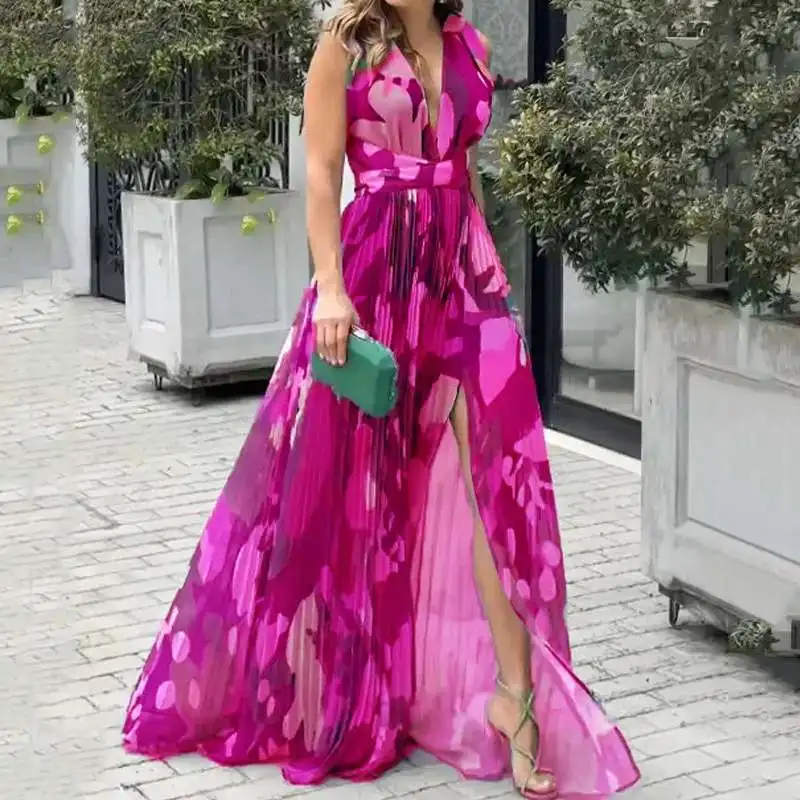 2024 Women Open Back High Split Party Dress Lady Pleat Big Hem Halter A-line Dresses Elegant Pattern Print V-neck Female Dress
2024 Women Open Back High Split Party Dress Lady Pleat Big Hem Halter A-line Dresses Elegant Pattern Print V-neck Female Dress