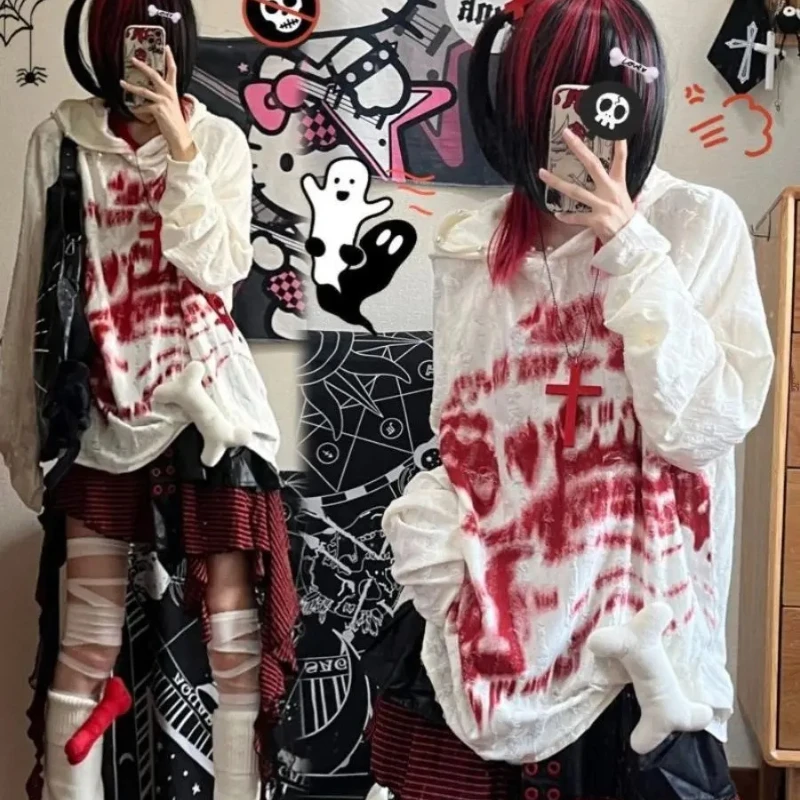 Blood Book Hoodie Y2k T-shirt Top Women Rock Punk Print Pearl Button Thin Loose Sweatshirt Loose Hole Chic Designed Hoodies
Blood Book Hoodie Y2k T-shirt Top Women Rock Punk Print Pearl Button Thin Loose Sweatshirt Loose Hole Chic Designed Hoodies