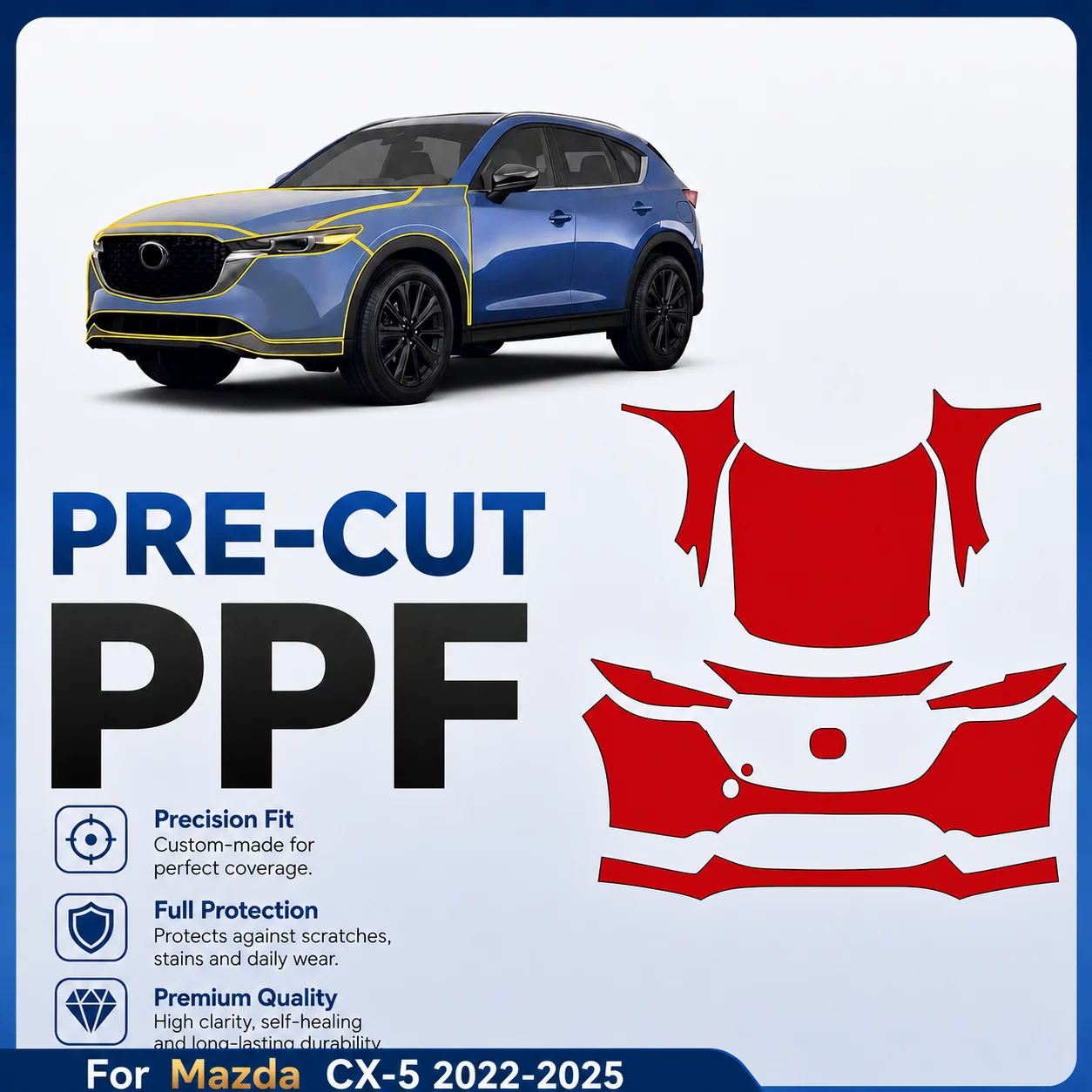 For Mazda CX-5 2022-2025 8.5Mil TPU Bumper Hood Pre-cut PPF Paint Protective Film Custom Anti Scratch Self-Healing Transparent
For Mazda CX-5 2022-2025 8.5Mil TPU Bumper Hood Pre-cut PPF Paint Protective Film Custom Anti Scratch Self-Healing Transparent