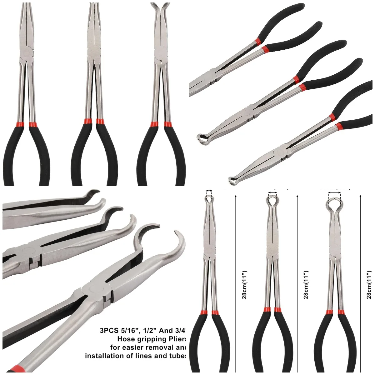 3Pcs 11' Hose Gripper Plier Set, Black & Red, 5/16'-3/4' Dia, Offset Serrated Jaws for Tight Spaces
3Pcs 11' Hose Gripper Plier Set, Black & Red, 5/16'-3/4' Dia, Offset Serrated Jaws for Tight Spaces