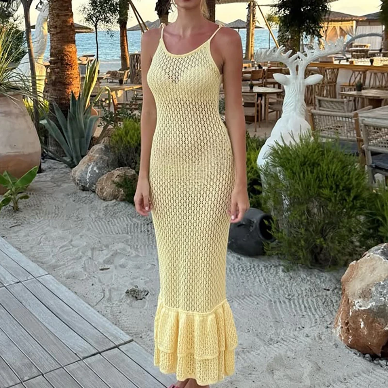 Ruffle Edge Pleated Slim Women's Beach Dress Sexy Backless Suspender Solid Bodycon Dresses 2026 Summer Hollow Knitted Long Dress
Ruffle Edge Pleated Slim Women's Beach Dress Sexy Backless Suspender Solid Bodycon Dresses 2026 Summer Hollow Knitted Long Dress