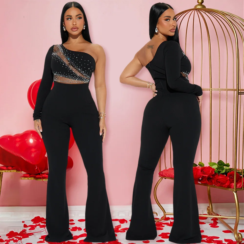 CY901574 New Women's Fashion Single Shoulder Long Sleeve Hot Diamond Splicing jumpsuit Long Pants Bellbottom Pants
CY901574 New Women's Fashion Single Shoulder Long Sleeve Hot Diamond Splicing jumpsuit Long Pants Bellbottom Pants