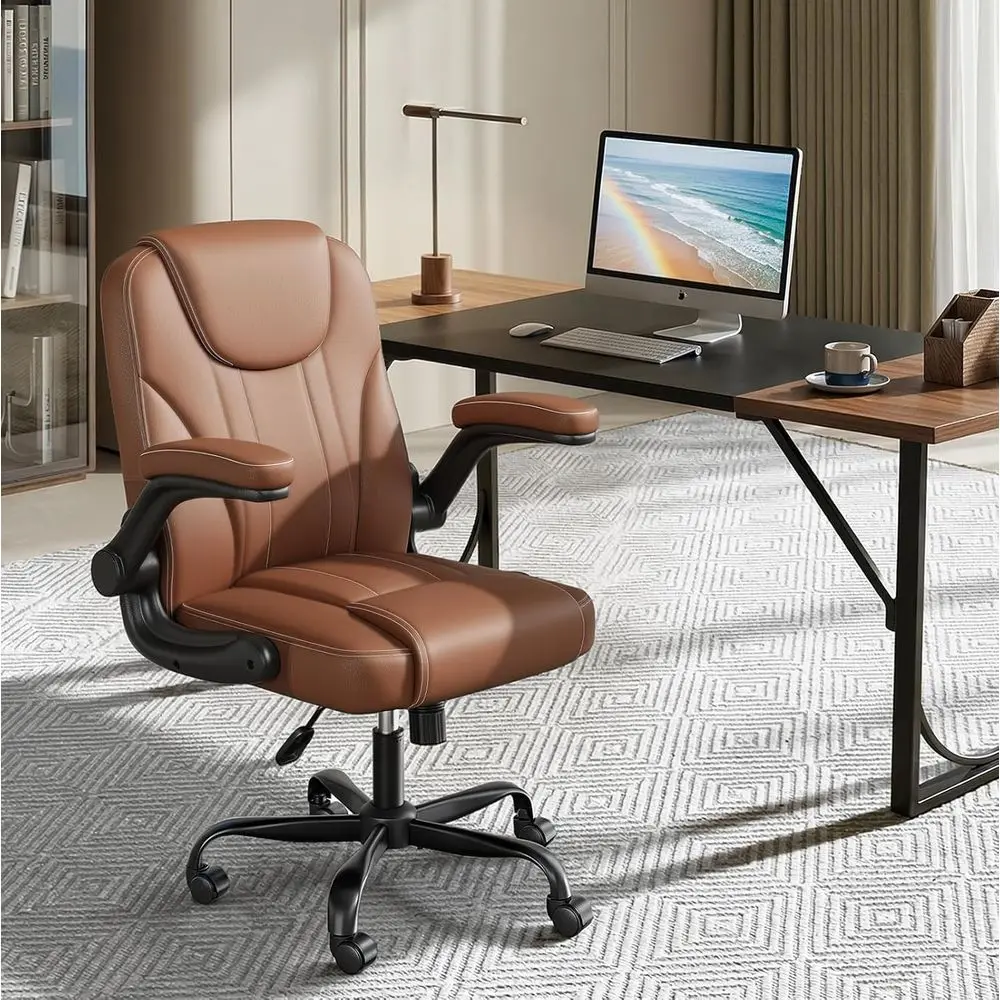 Mid Back PU Leather Office Chair, Swivel Structure, Adjustable Height, Flip Armrests, Dual Cushion and Rolling Wheels, Brown
Mid Back PU Leather Office Chair, Swivel Structure, Adjustable Height, Flip Armrests, Dual Cushion and Rolling Wheels, Brown