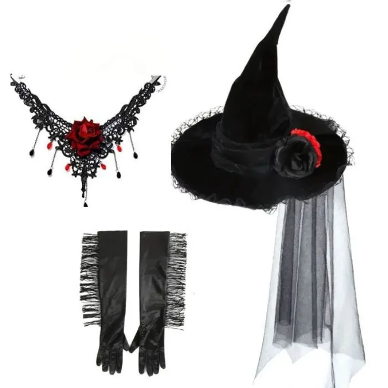 2/3pcs Lace Gothic Witch Hat with Tulle Veil & Rose Necklace - Women's Halloween Party Costume Accessory Fabric 
2/3pcs Lace Gothic Witch Hat with Tulle Veil & Rose Necklace - Women's Halloween Party Costume Accessory Fabric