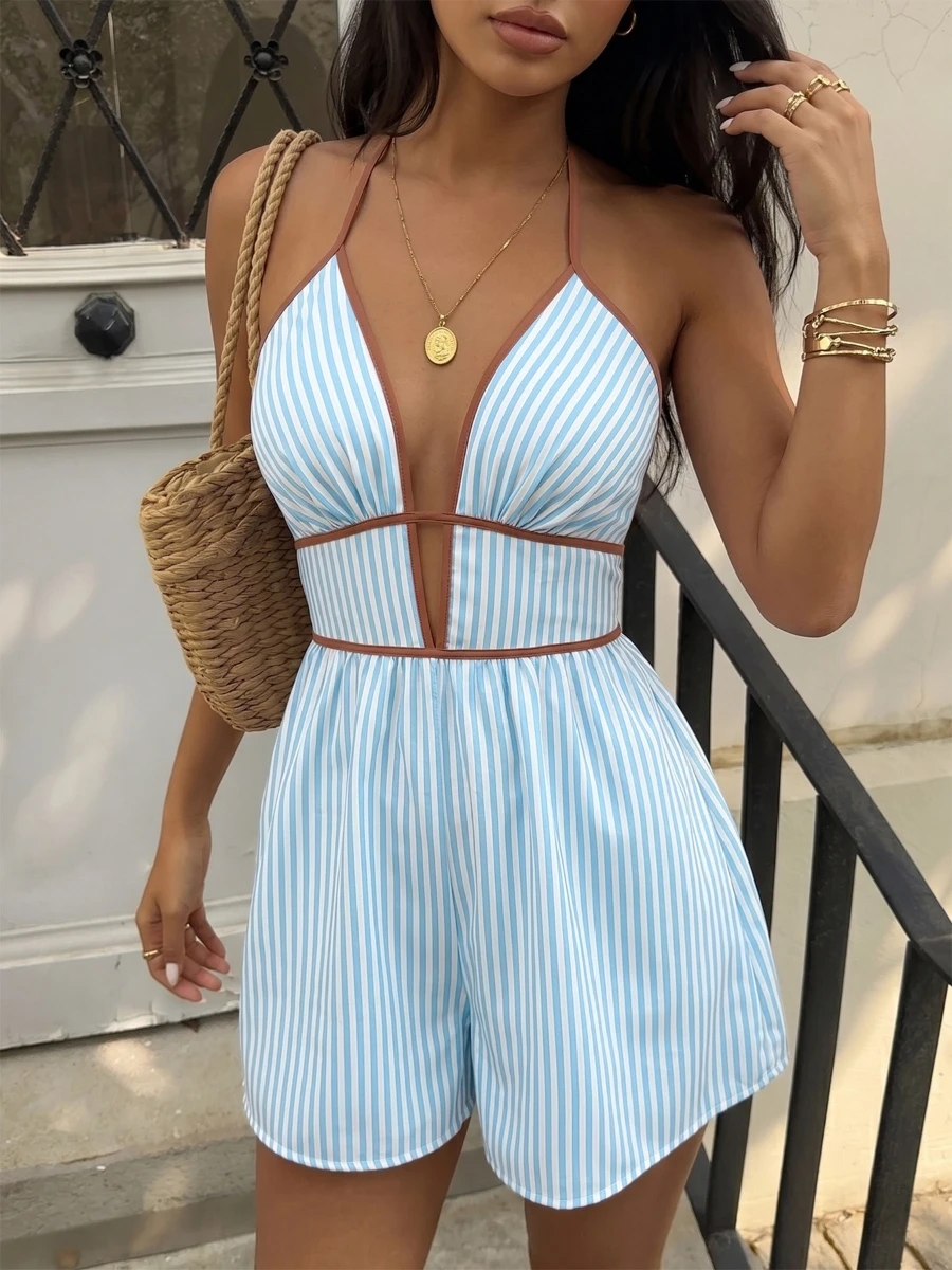 Foamlina Women Summer Striped Halter Deep V Cutout Back Tie Playsuit Casual Beach Vacation Sleeveless Short Pants Holiday Outfit
Foamlina Women Summer Striped Halter Deep V Cutout Back Tie Playsuit Casual Beach Vacation Sleeveless Short Pants Holiday Outfit