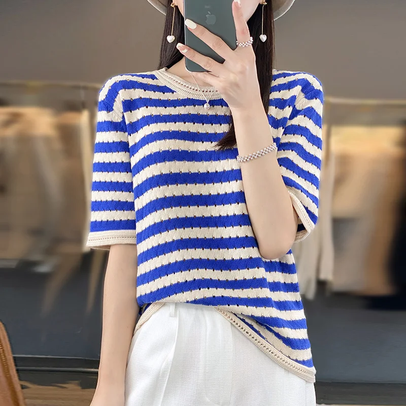 Summer New 100% Cotton Knitted Short-Sleeved T-Shirt Women's O-Neck Jacquard Vest Fashion Loose Striped Tops Joker Thin Shirts
Summer New 100% Cotton Knitted Short-Sleeved T-Shirt Women's O-Neck Jacquard Vest Fashion Loose Striped Tops Joker Thin Shirts