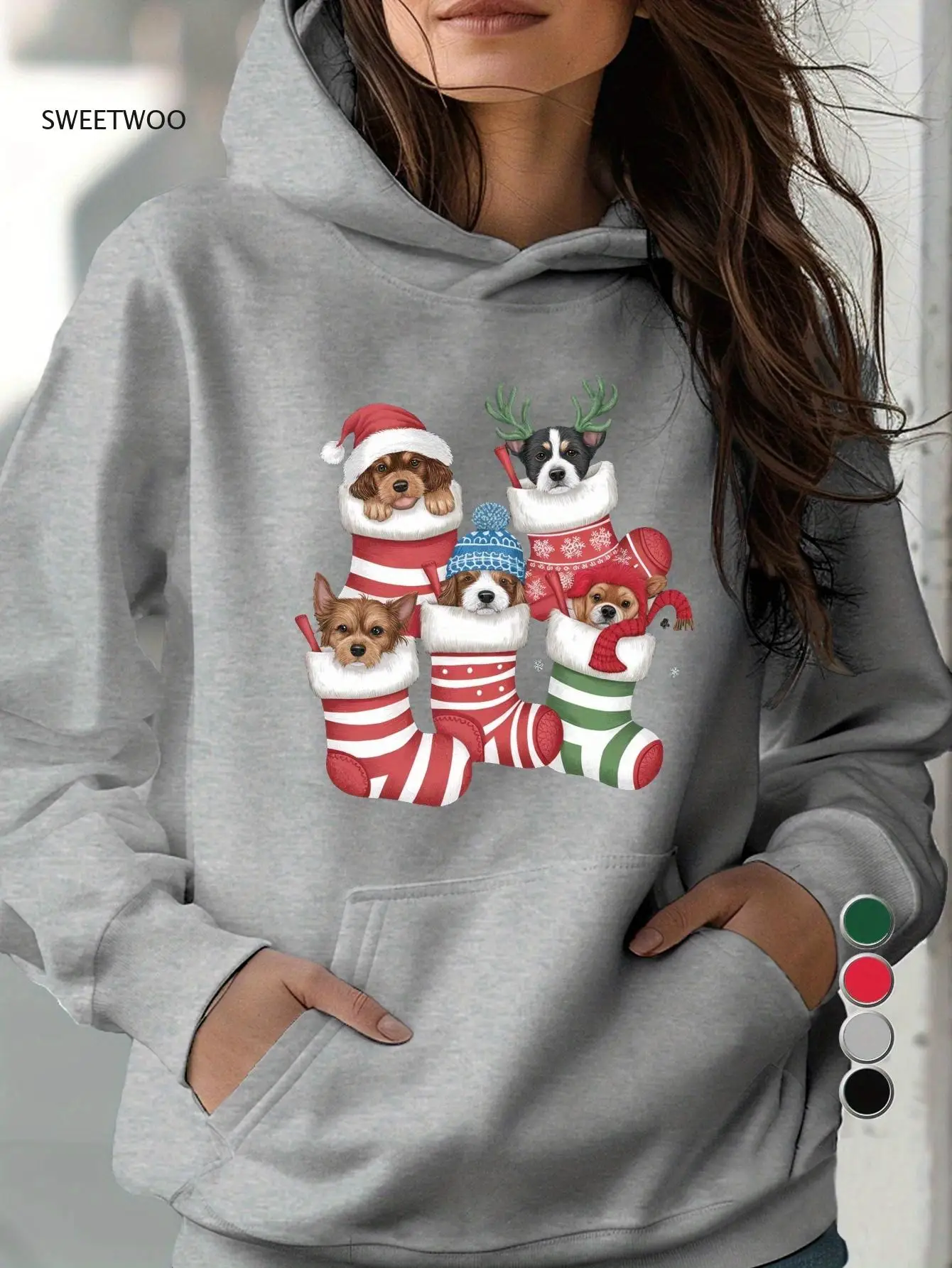 Women's Cozy Hoodie - Festive Holiday Design with Puppies In Santa & Reindeer Socks, Machine Washable, Perfect for Fall/winter
Women's Cozy Hoodie - Festive Holiday Design with Puppies In Santa & Reindeer Socks, Machine Washable, Perfect for Fall/winter