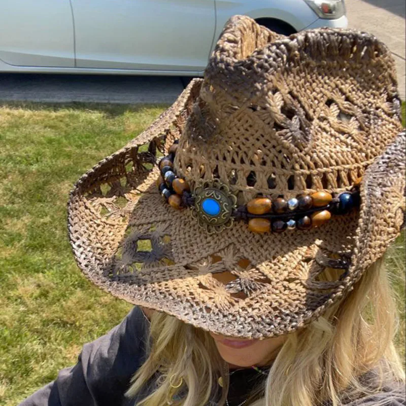 Bohemian Style Western Cowboy Hat Hollowed Out Straw Woven Wide Brimmed Sun Hat Outdoor Outfit Design Breathable UV Resistant
Bohemian Style Western Cowboy Hat Hollowed Out Straw Woven Wide Brimmed Sun Hat Outdoor Outfit Design Breathable UV Resistant