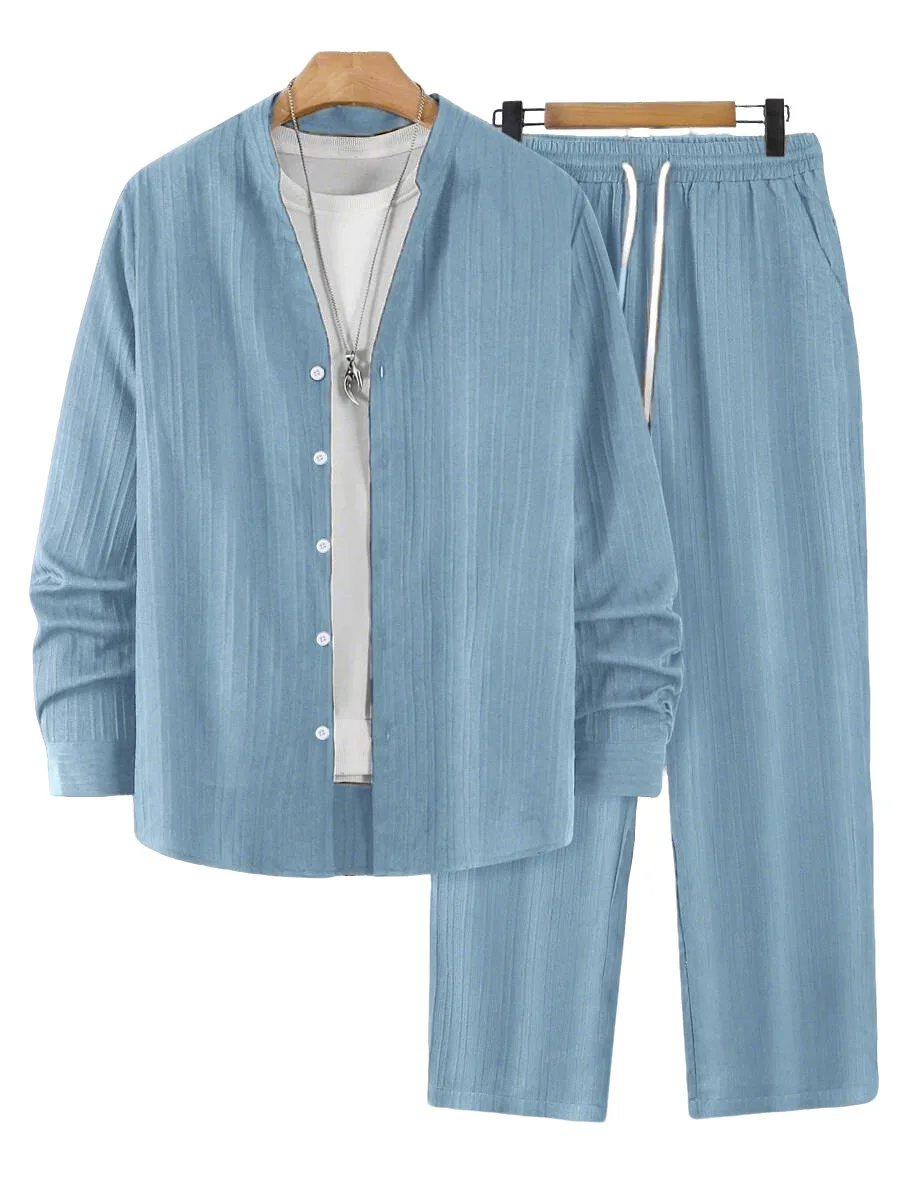 New spring and summer lightweight solid-color unbuttoned long-sleeved shirt men's daily casual sports two-piece set
New spring and summer lightweight solid-color unbuttoned long-sleeved shirt men's daily casual sports two-piece set